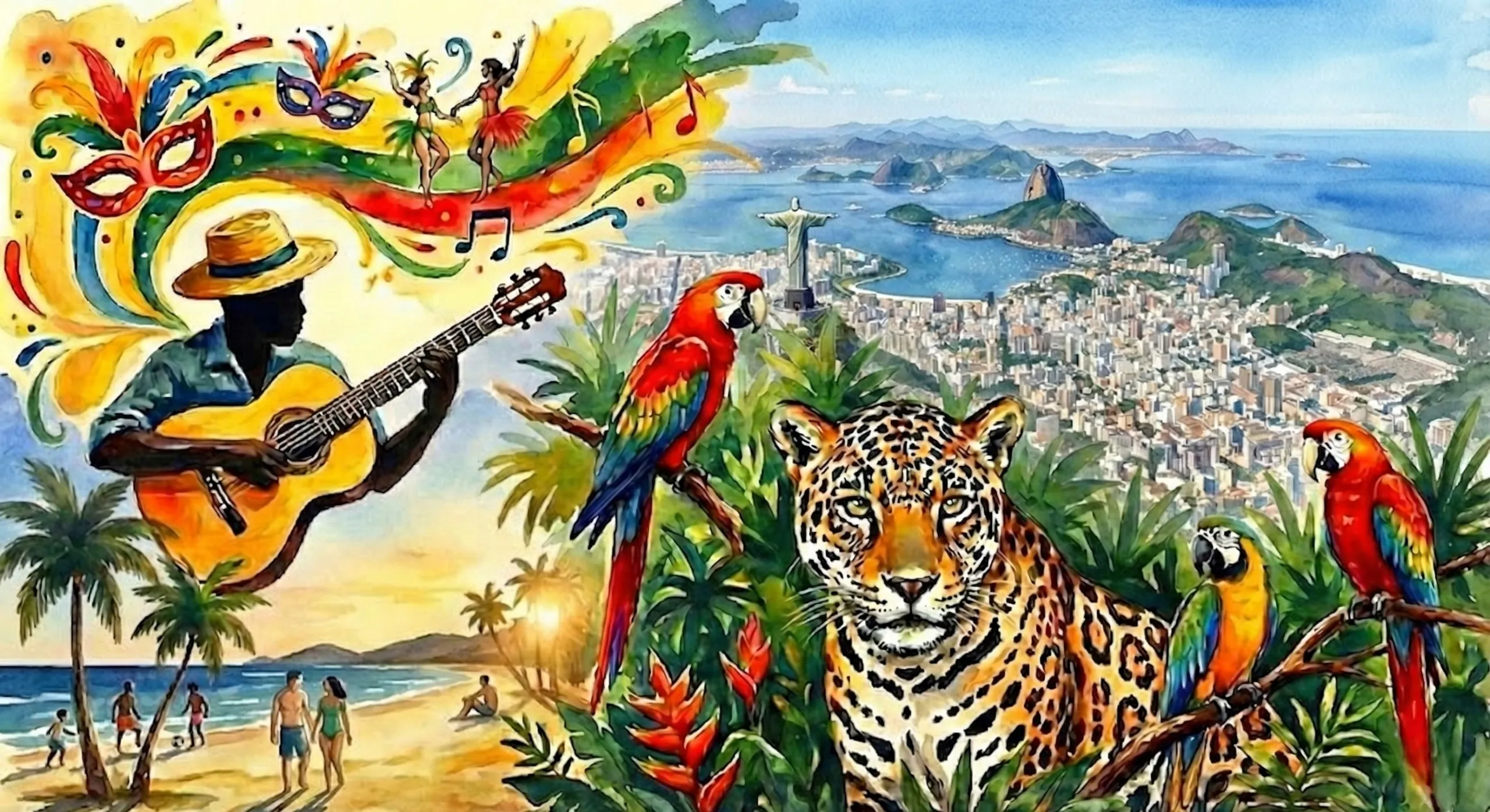 Collage of iconic images representing Brazil — a bossa nova guitar player, carnaval dancers, a beach at sunset, a jungle with wildlife, and a cityscape view of Rio de Janeiro.